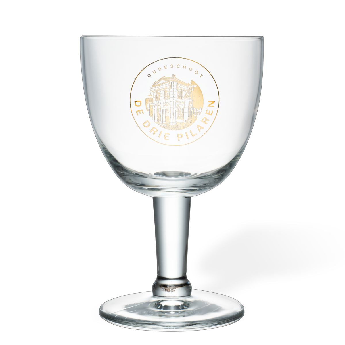 Trappist glas 33 cl met éénkleurig logo van De drie pilaren bedrukt op de voorzijde.