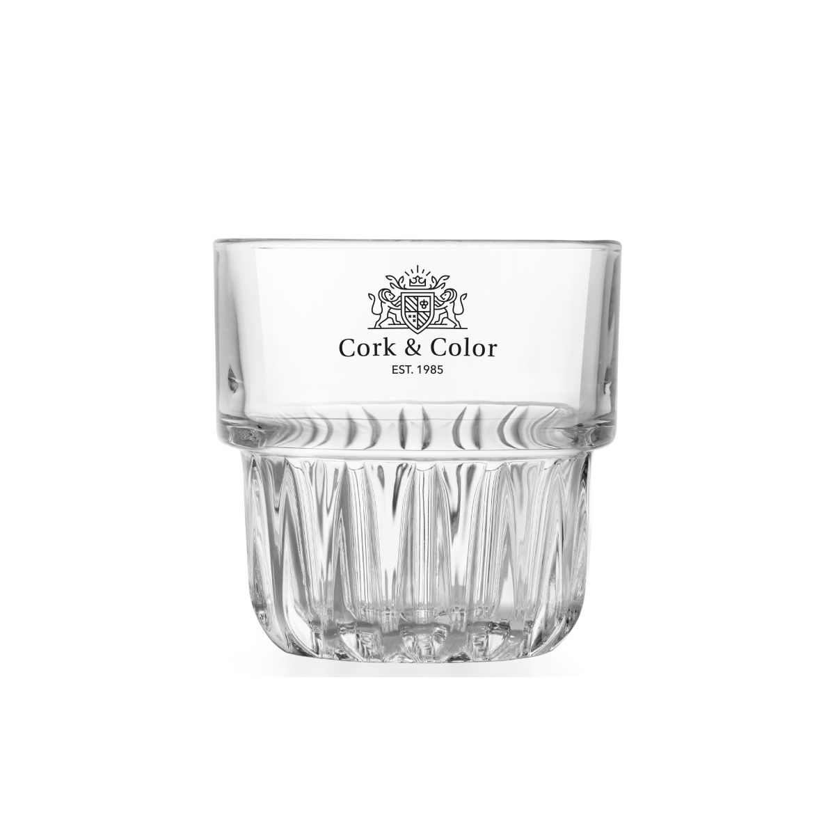 CorkColor-logo in één kleur op de voorzijde van het Tumbler Onis glas van 15 cl. in helder glas gedrukt.