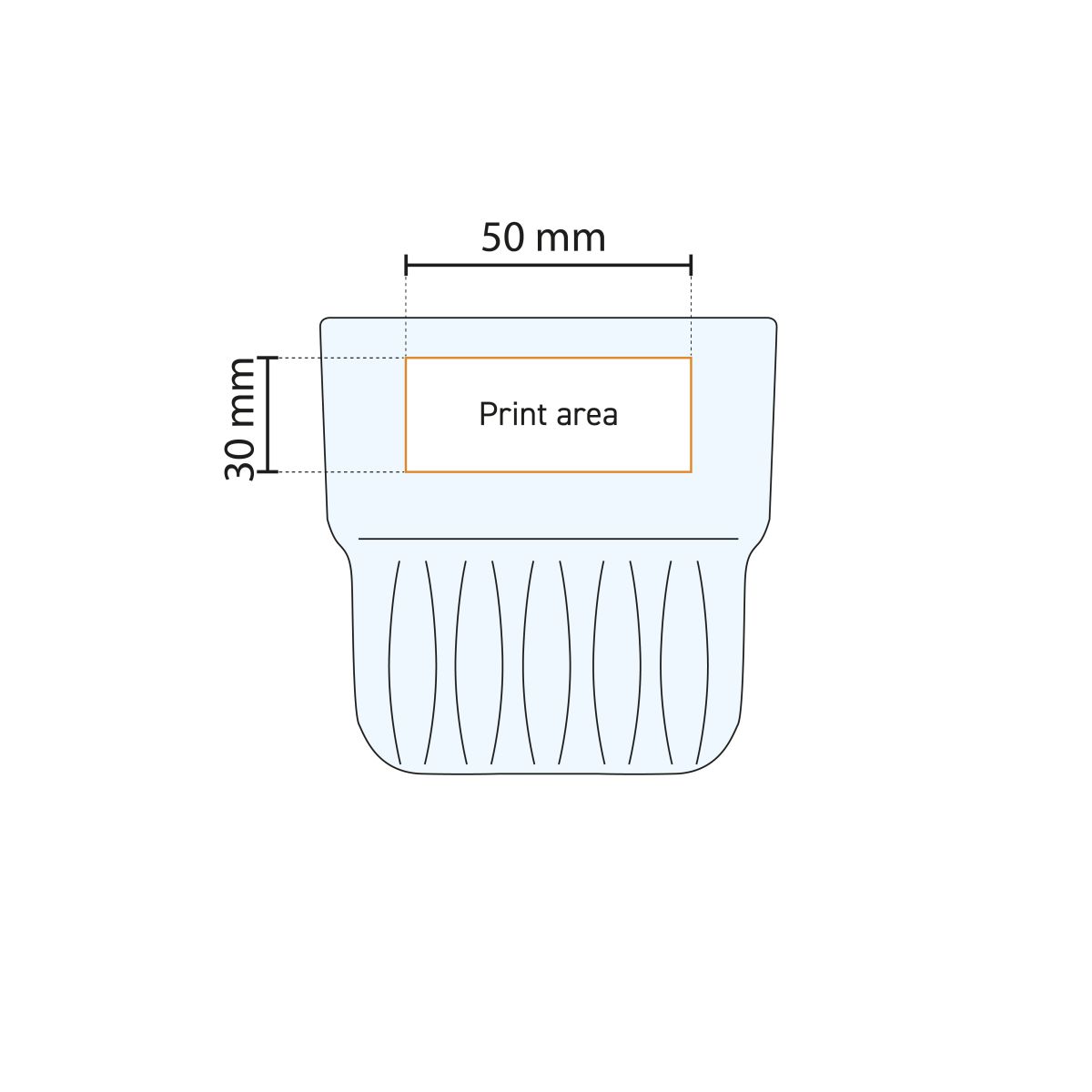 Technische werktekening toont drukgebied voor bedrukking op Onis tumblerglas 23 cl.