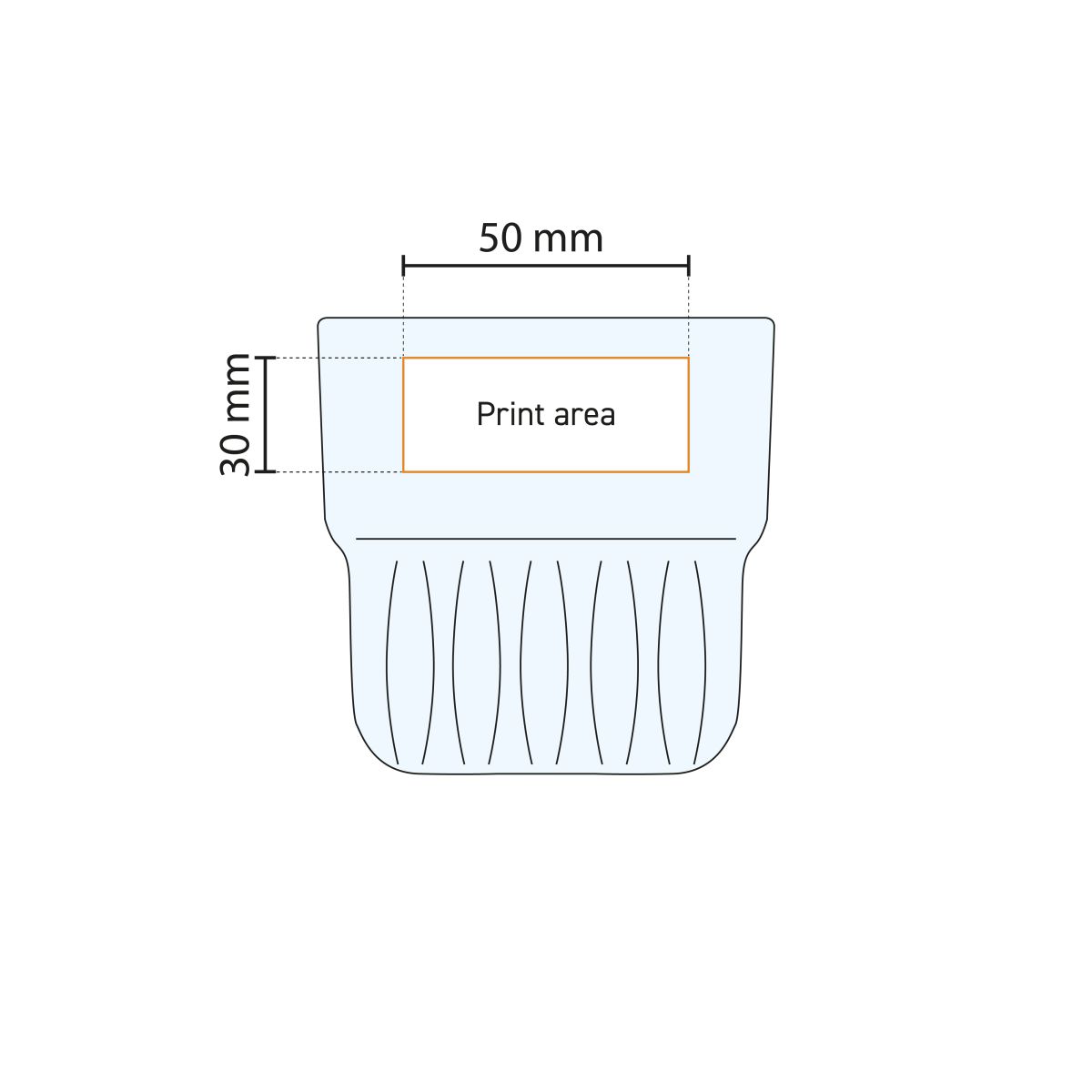 Drukgebied voor bedrukking weergegeven op technische werktekening van Onis Everest glas 26,5 cl.