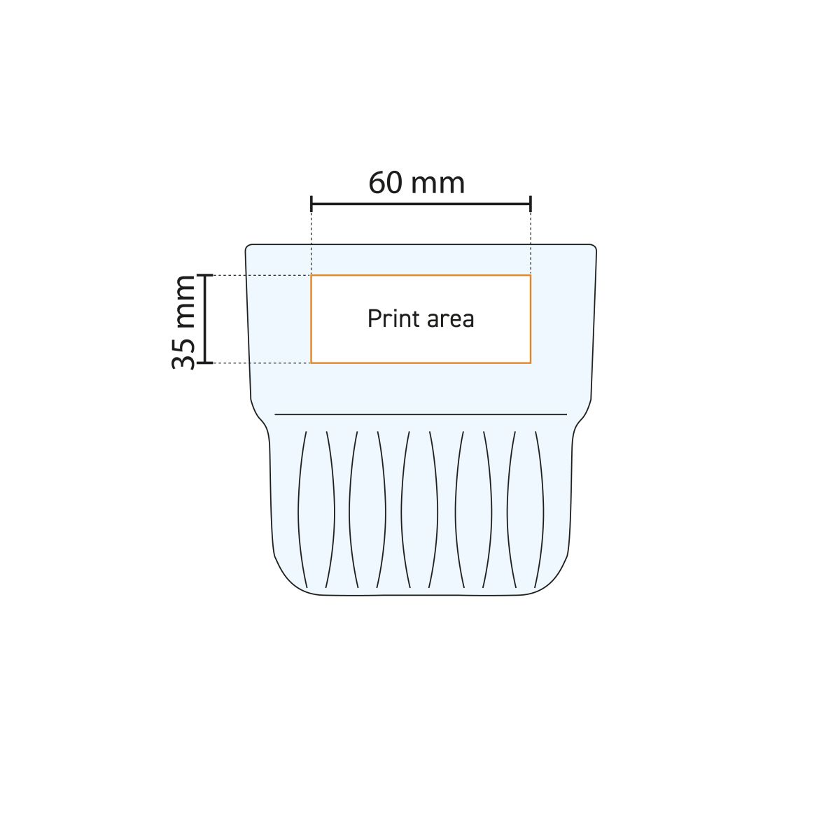 Technische werktekening van het 35,5 cl glas met aanduiding van het beschikbare drukgebied.