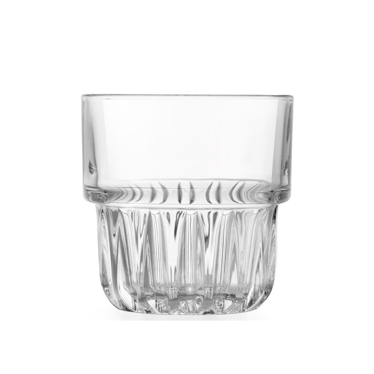 Recht vooraanzicht van het Tumbler Onis glas 26 cl. met vlakke rand en dikke glazen bodem.