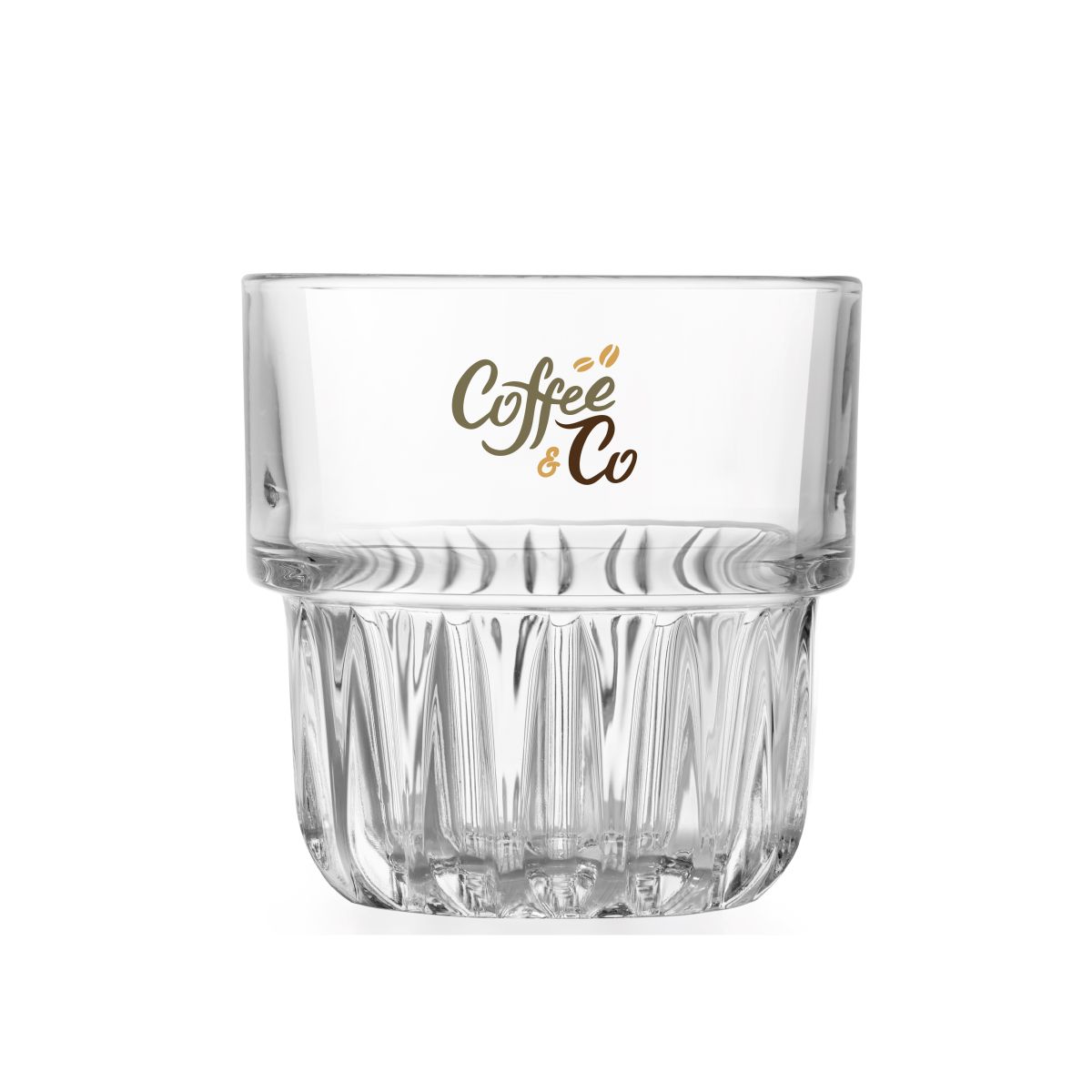 Tumbler Onis glas 26 cl met meerkleurig CoffeeCo-logo bedrukt op de voorzijde van het transparante glas