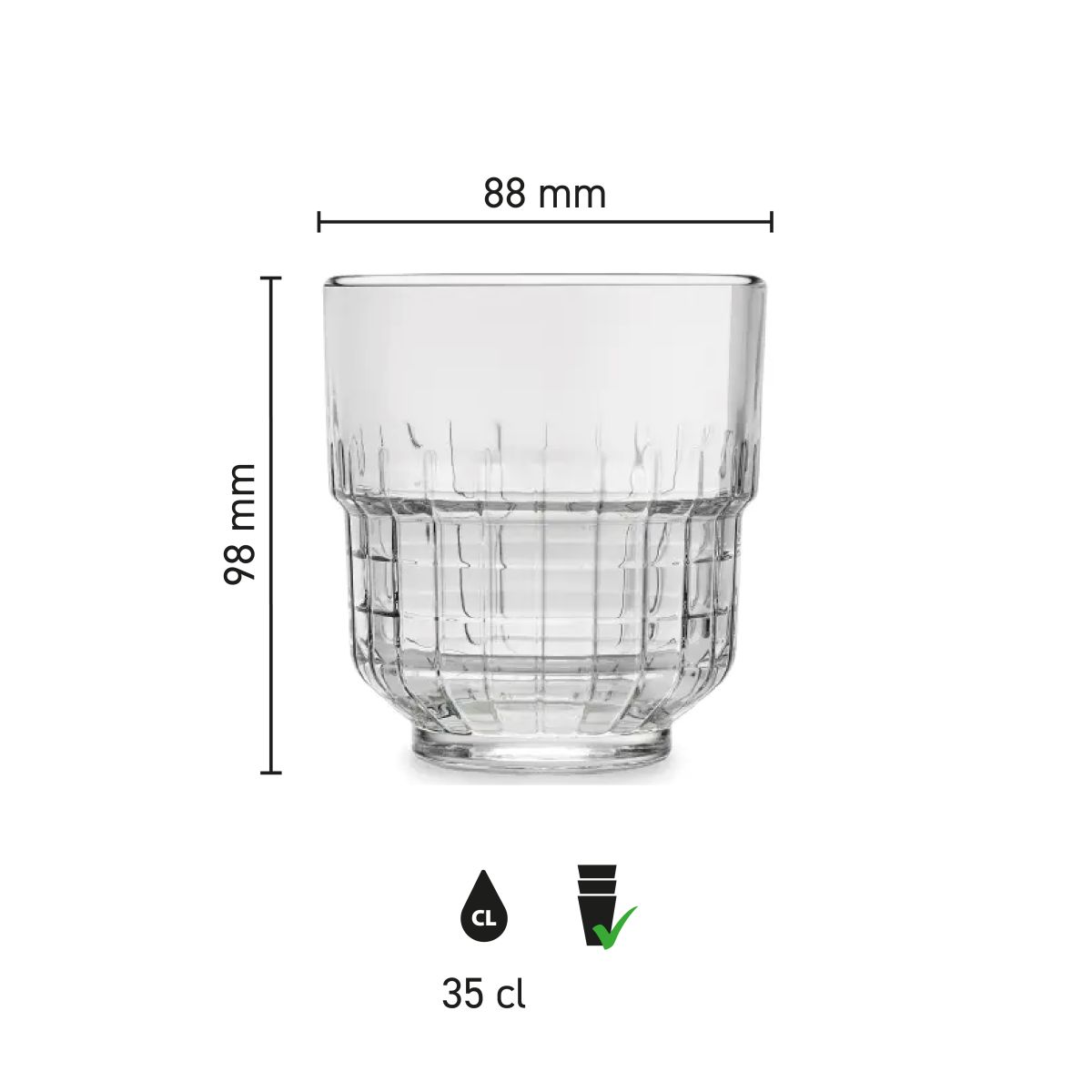 Infographic toont hoogte, diameter en inhoud van het Tumbler Onis glas 35 cl.