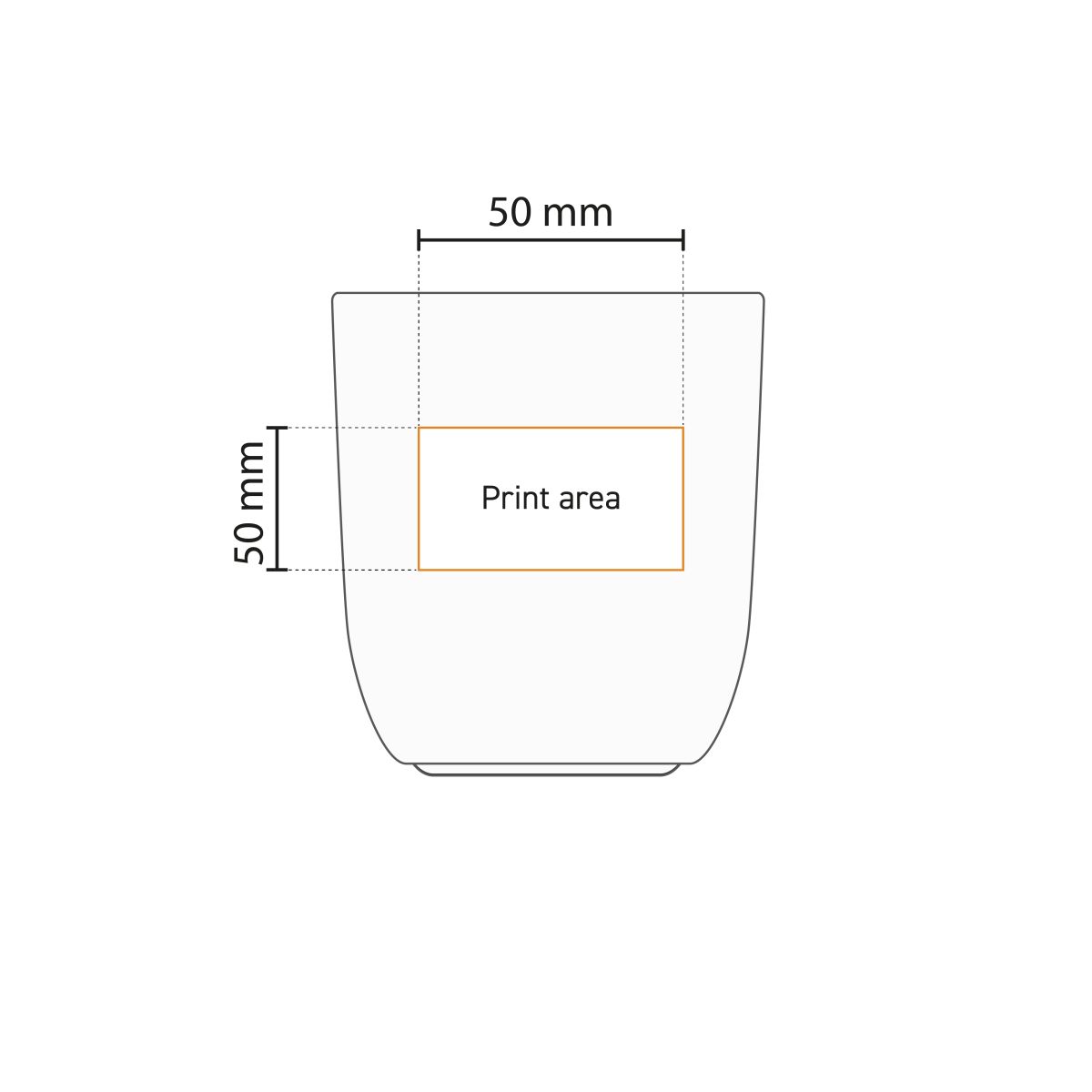 Technische werktekening toont drukgebied op de voorzijde van de porseleinen beker 35 cl.