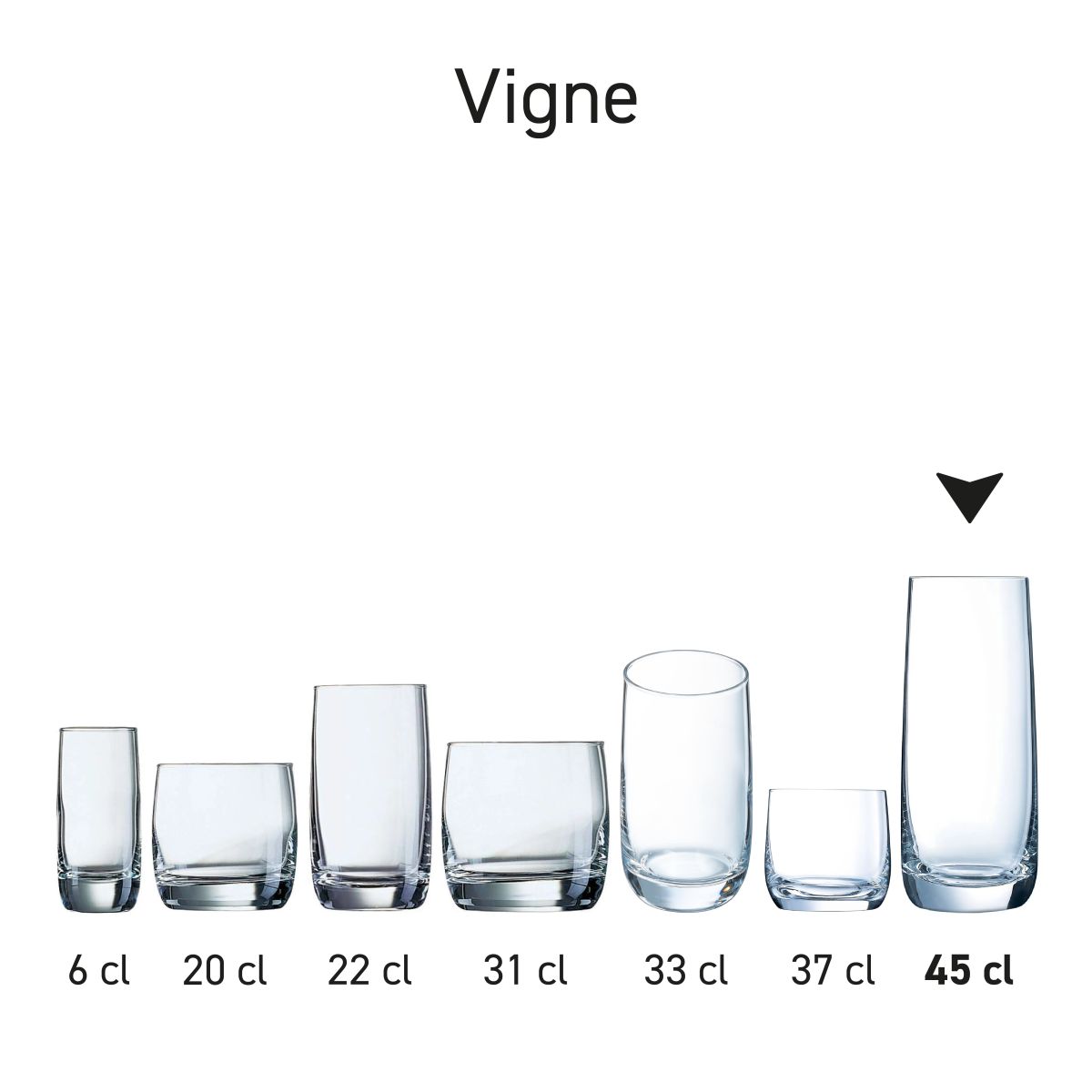 Vigne glas 45 cl in serie, meerdere exemplaren naast elkaar getoond