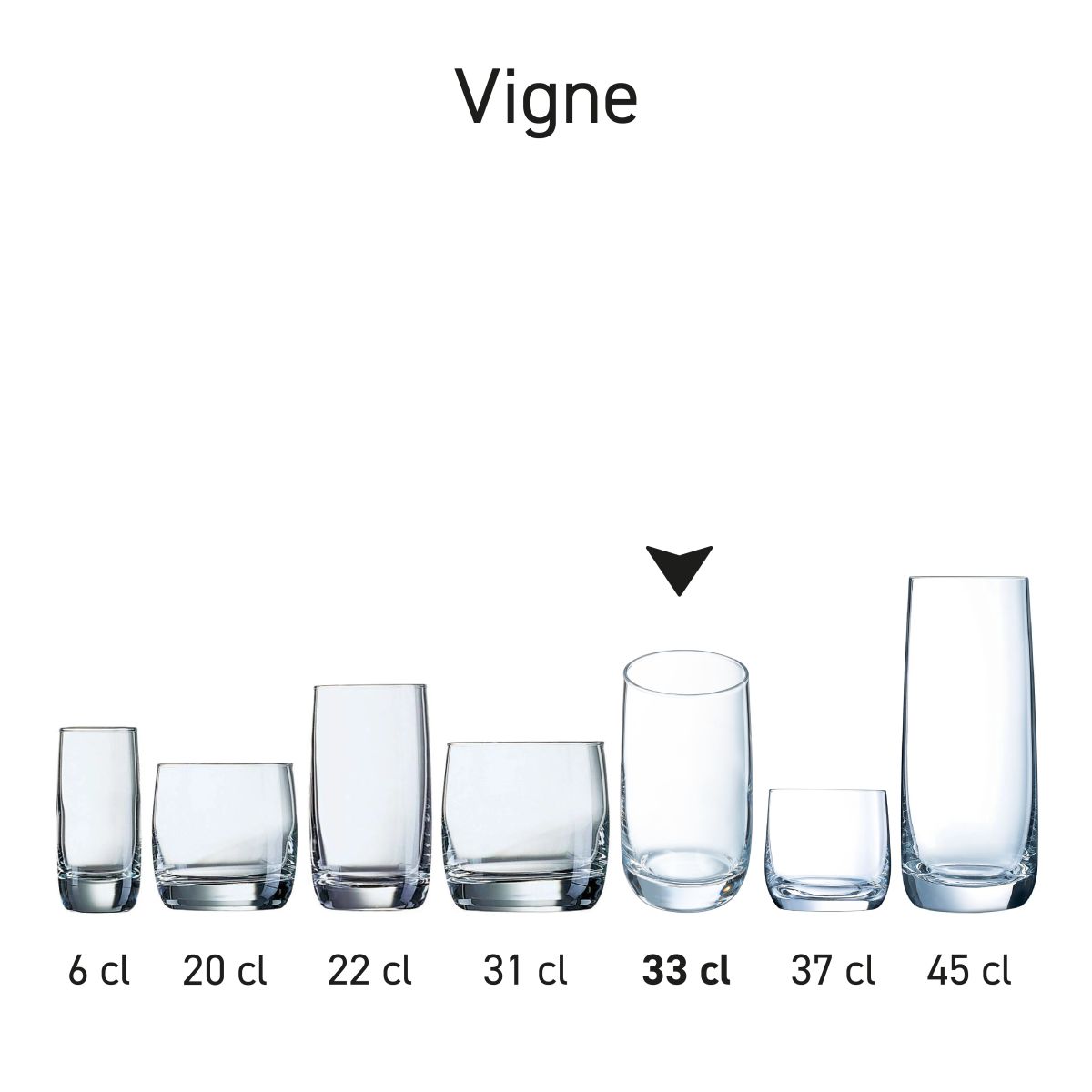 Meerdere Vigne glazen van glas naast elkaar opgesteld, waardoor vorm, formaat en consistentie van de serie zichtbaar zijn.