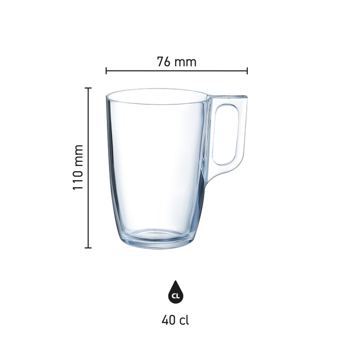 Infographic met hoogte- en diameterafmetingen van het Voluto glas 40 cl.