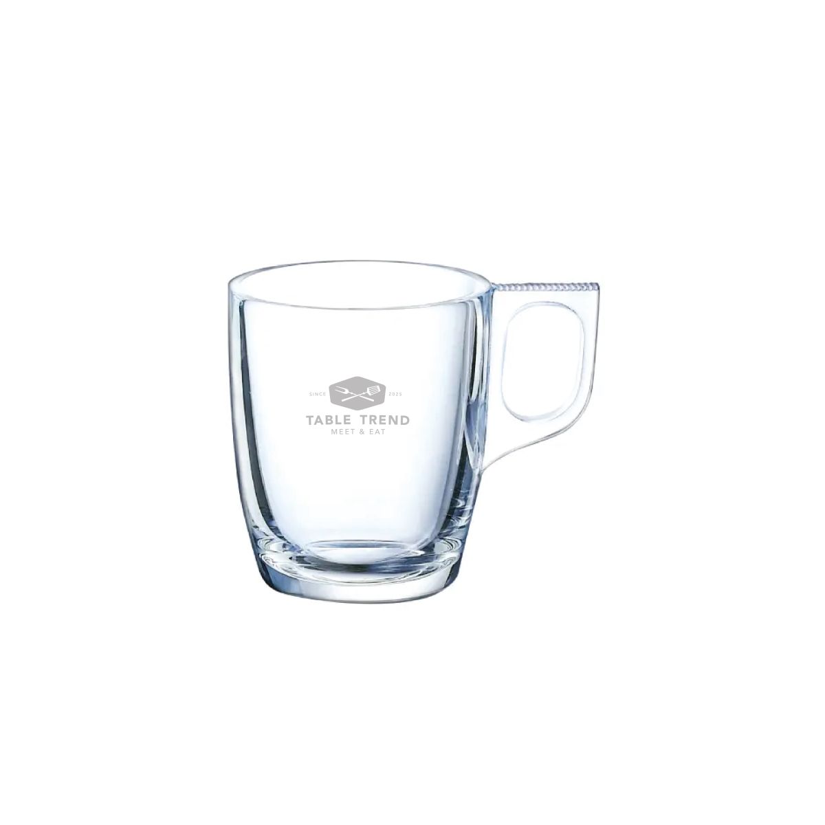 Voorzijde van espressoglas 9 cl. met fijne TableTrend-logo gravure op helder glas.