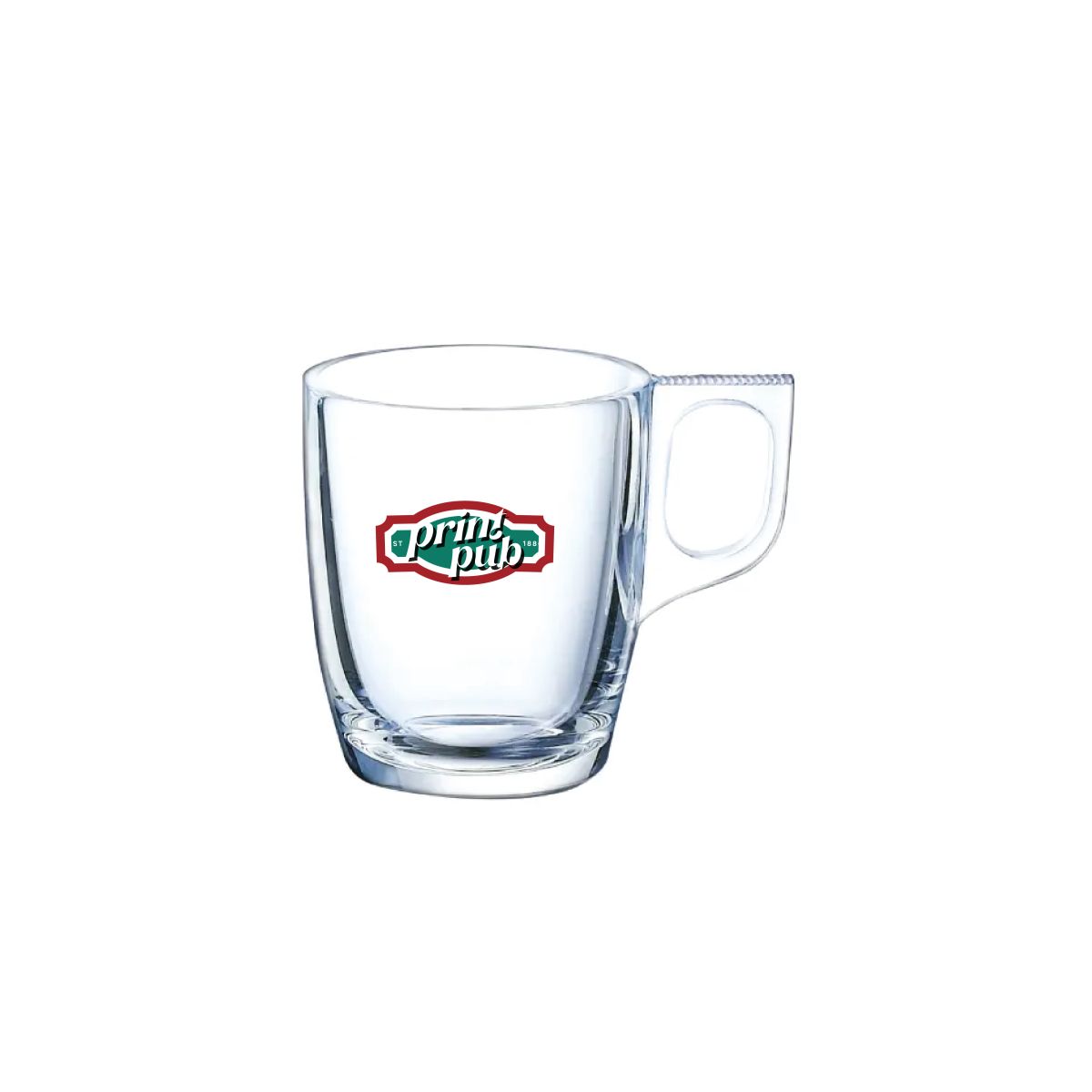 Meerkleurig PrintPub-logo op de voorzijde van het Voluto espressoglas 9 cl. in transparant glas.