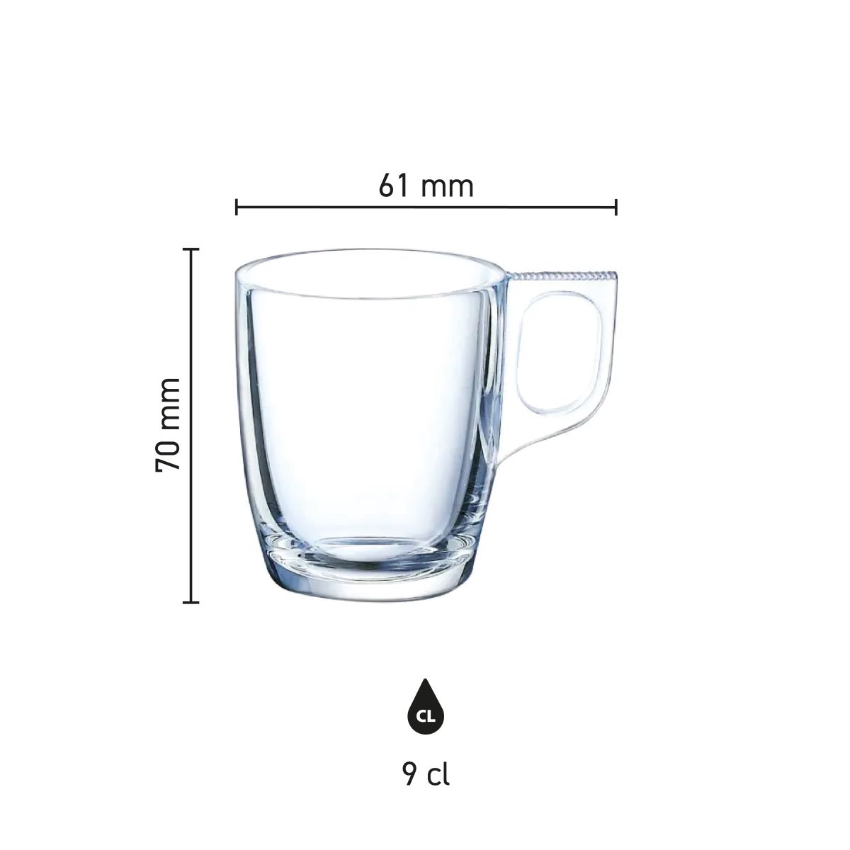 Infographic toont hoogte en diameter van het Voluto espressoglas 9 cl.