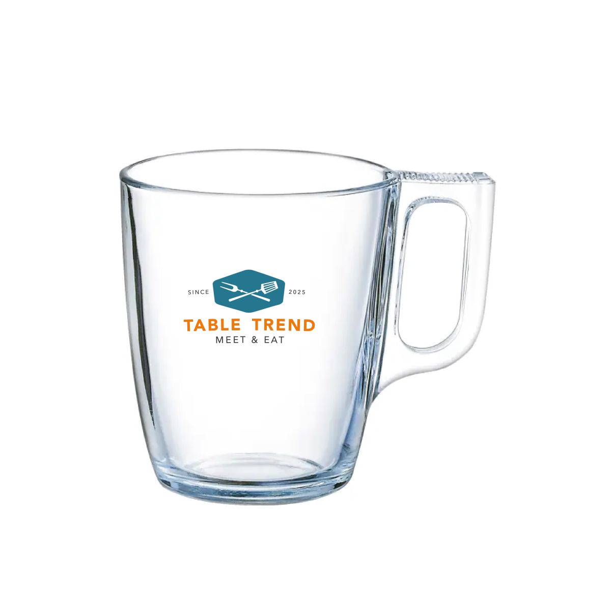 Voorzijde van Voluto glas bedrukt met meerkleurig TableTrend-logo.