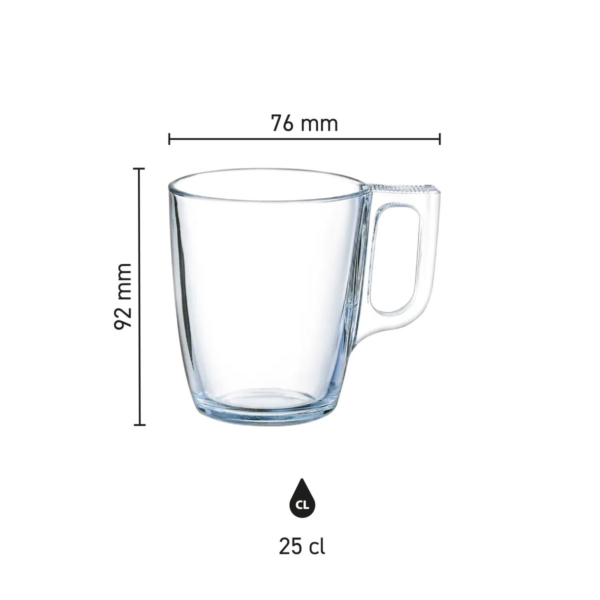 Afbeelding toont maatvoering van het glas 25 cl. in technische infographic.
