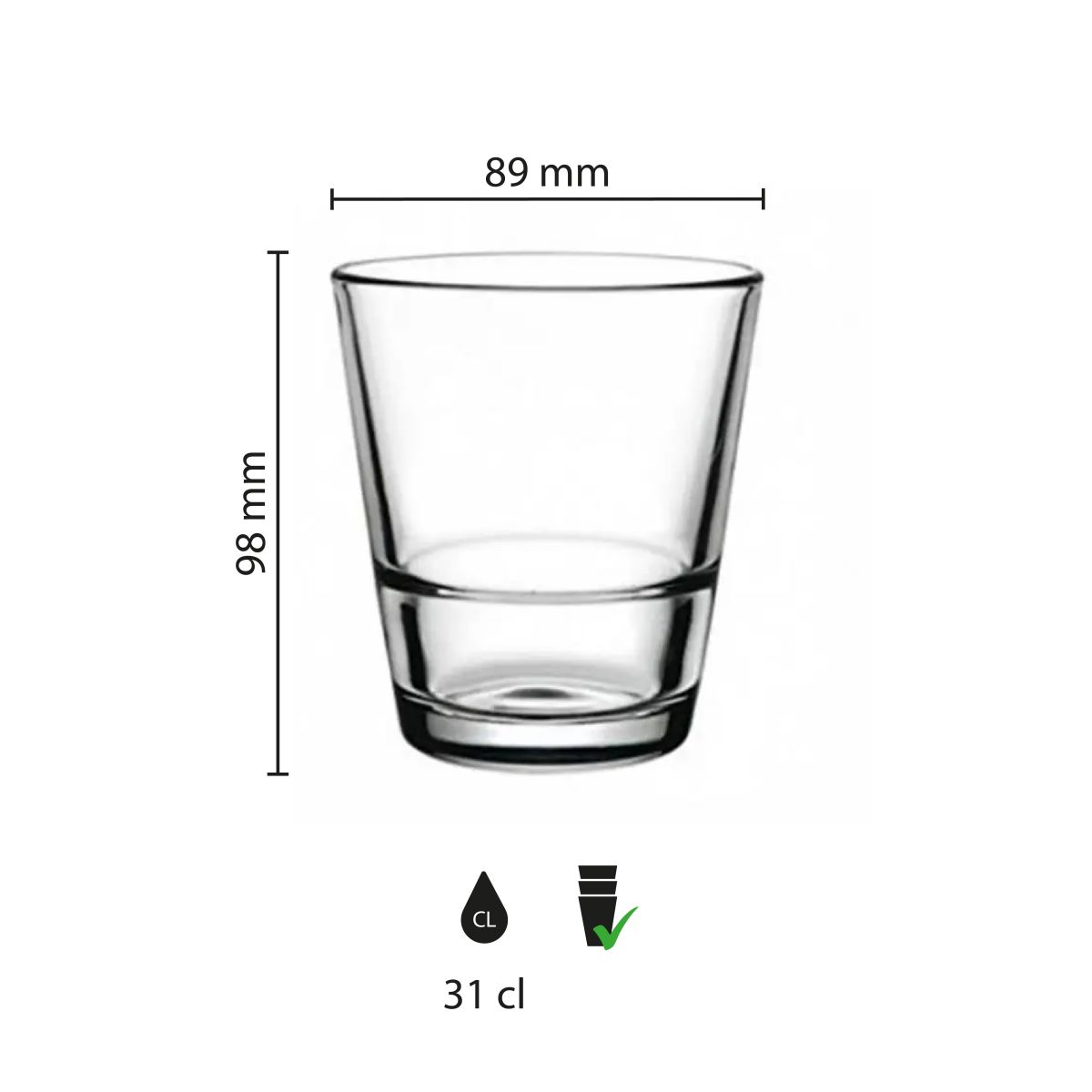 Infografiek met maatvoering van het stapelbare waterglas Grande S 31 cl, inclusief hoogte en diameter., foto 2