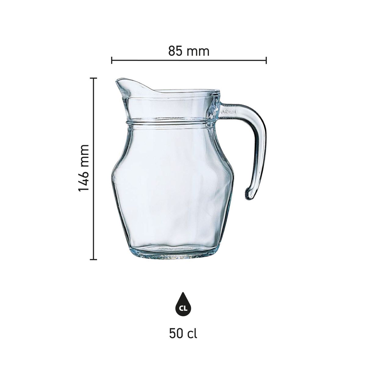 Infographic toont afmetingen van glazen waterkan Broc Arc 0,5 liter met maatvoering in millimeters.