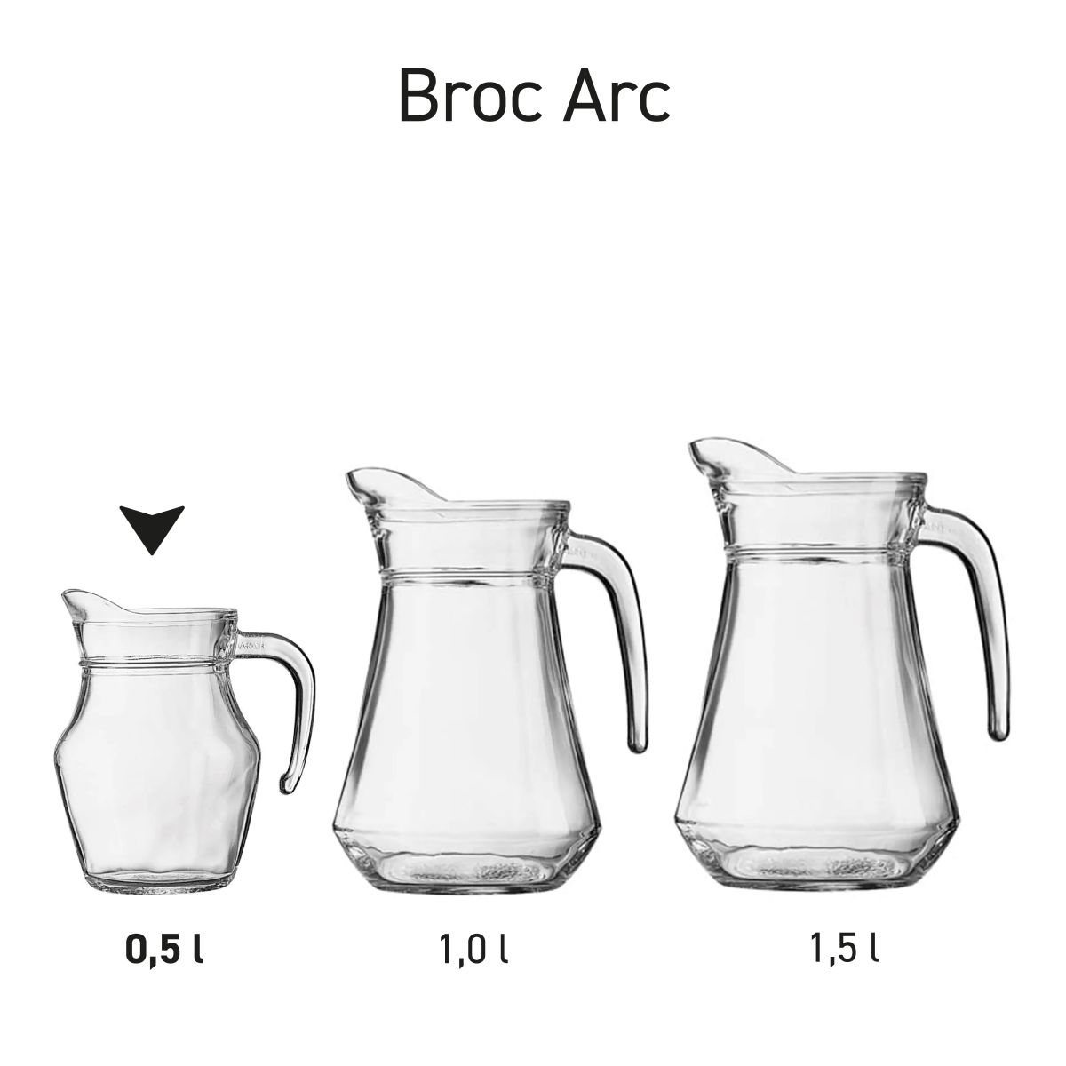 Glazen Broc Arc kannen 0,5 liter gepresenteerd als productserie met uniforme stijl.