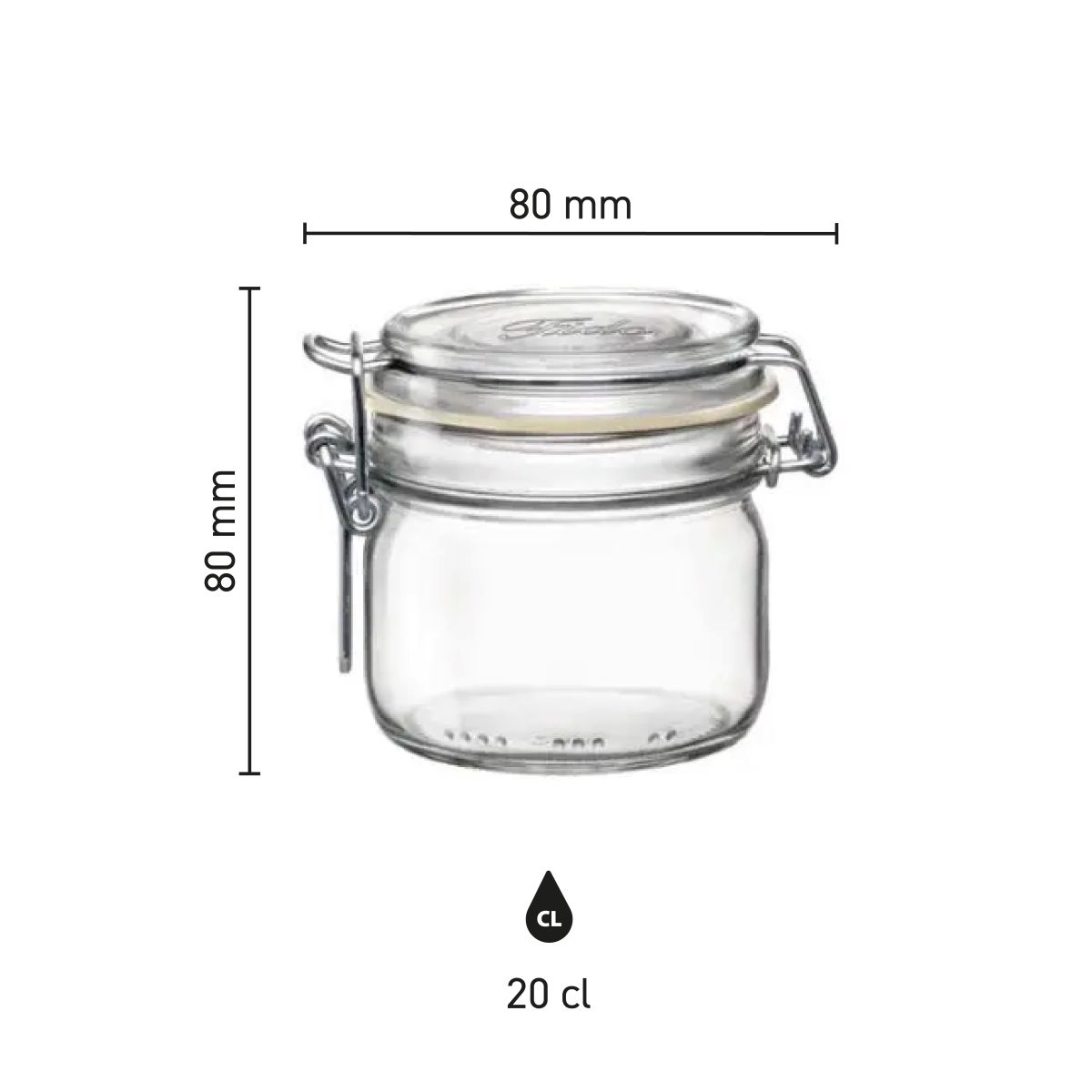 Infographic toont hoogte, diameter en inhoud van ronde glazen Fido weckpot 0,2 liter.