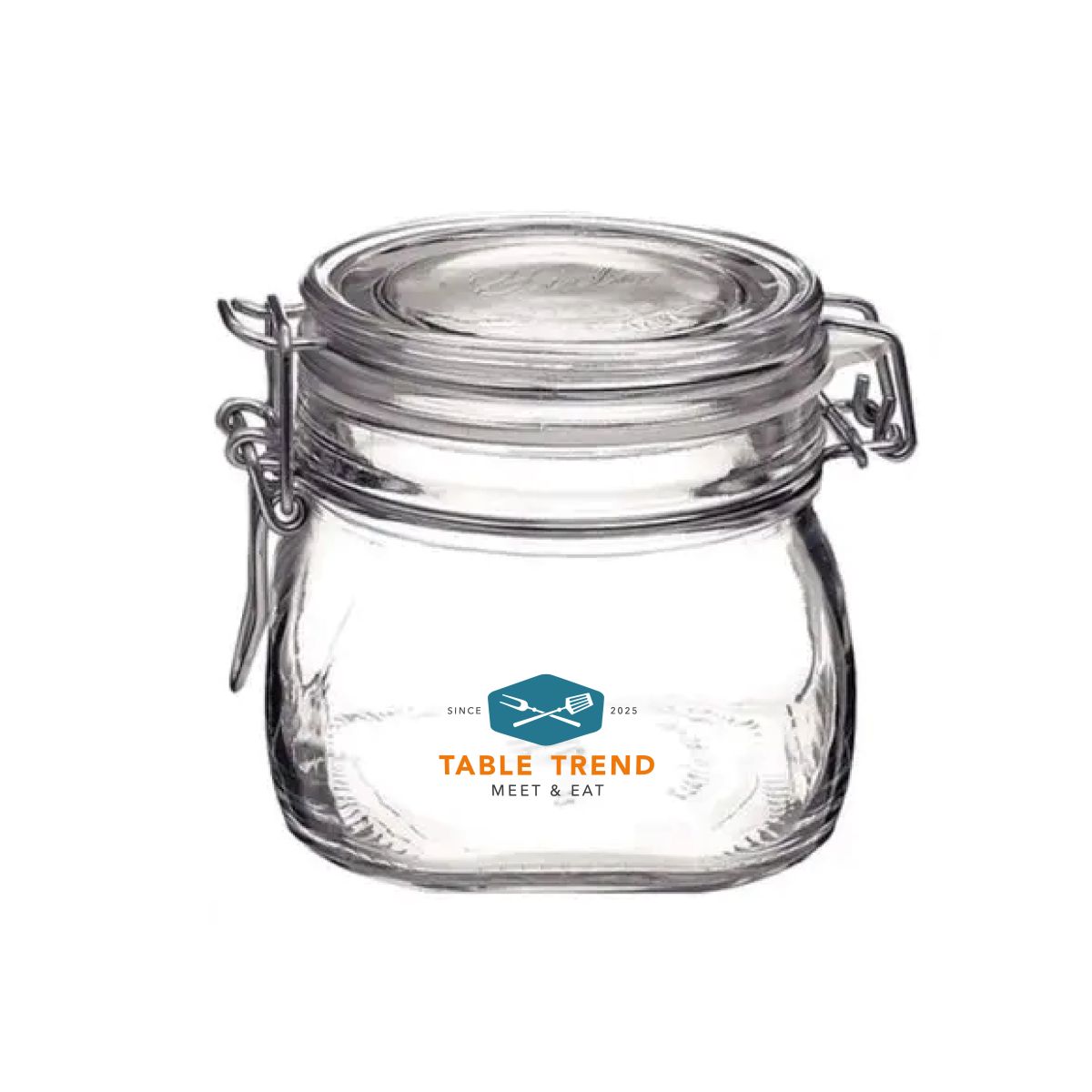 Vierkante Fido weckpot 0,5 liter glas met meerkleurig TableTrend-logo op het vooraanzicht.