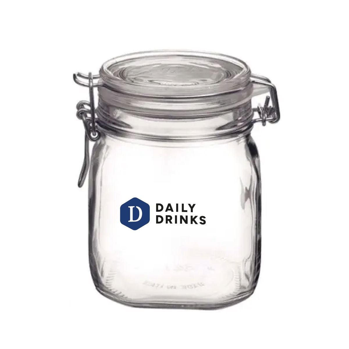 Vierkante glazen weckpot Fido 0,75 liter met meerkleurig DailyDrinks-logo op het vooraanzicht.