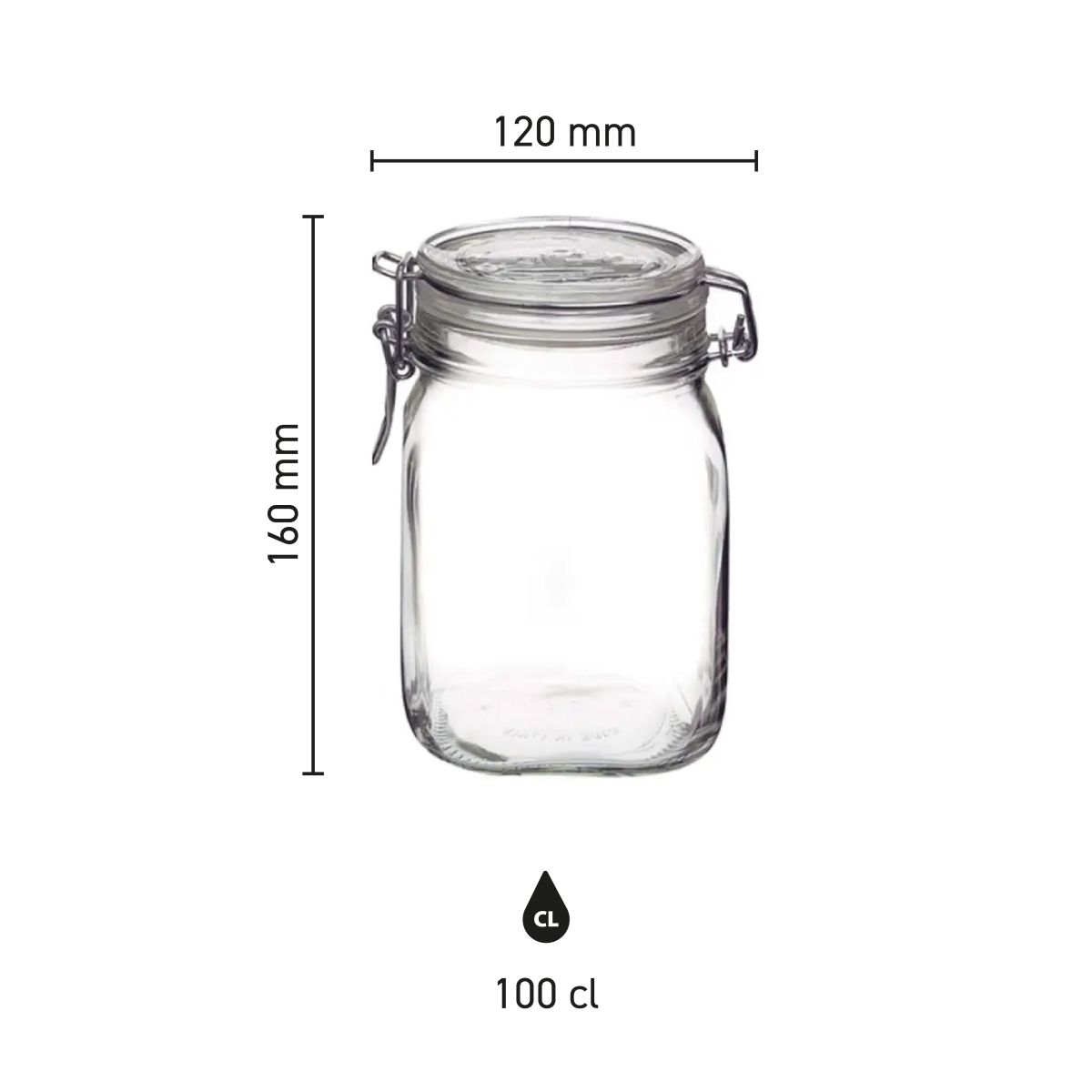 Infographic met afmetingen van vierkante glazen Fido weckpot 1 liter inclusief hoogte en breedte.