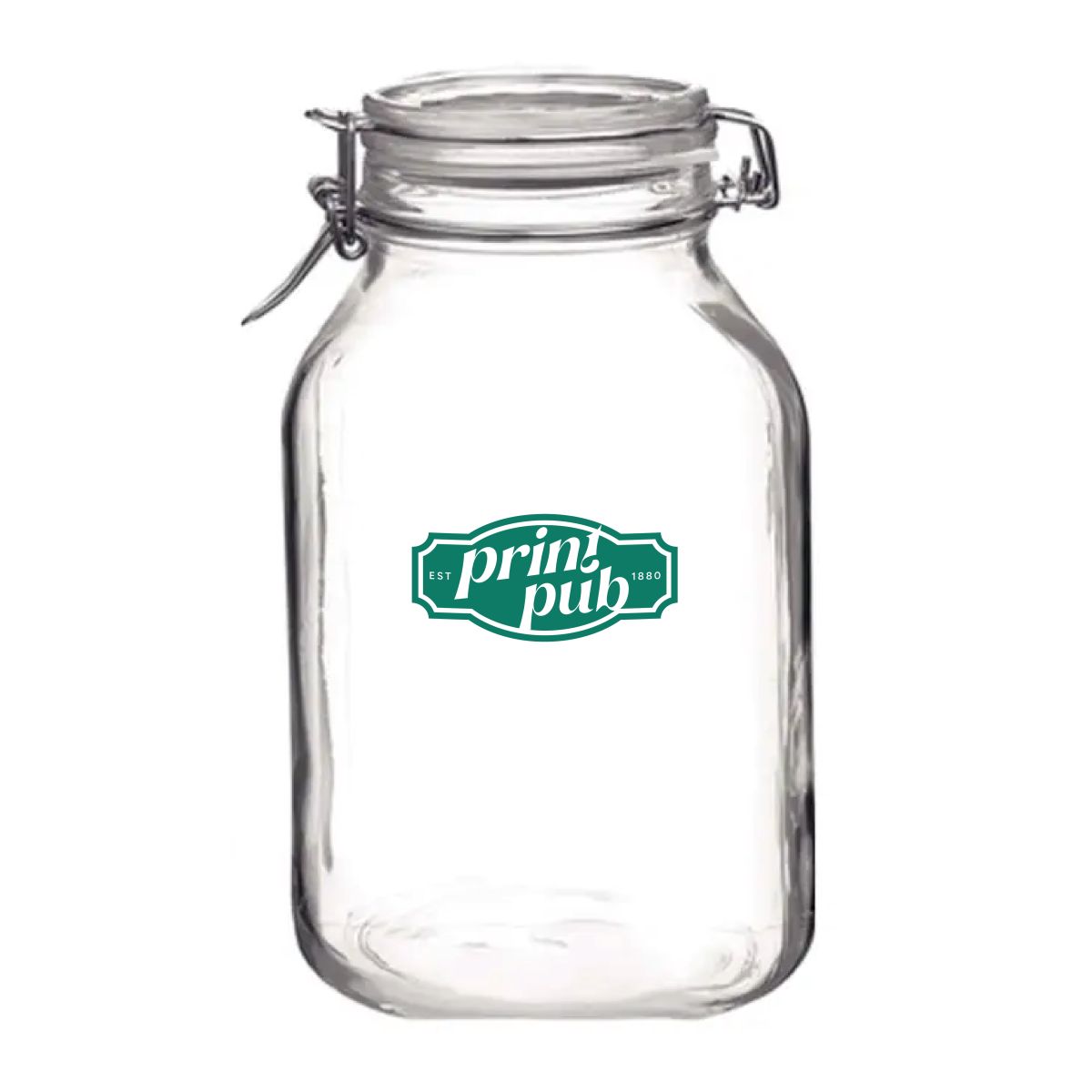 Fido weckpot 1,5 liter vierkant glas met PrintPub-logo in één kleur gecentreerd op de voorzijde.