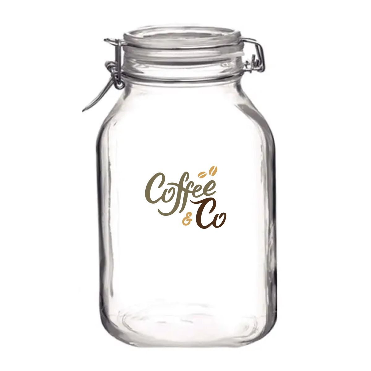 Voorzijde van glazen weckpot Fido 1,5 liter met meerkleurig CoffeeCo-logo op glad oppervlak.