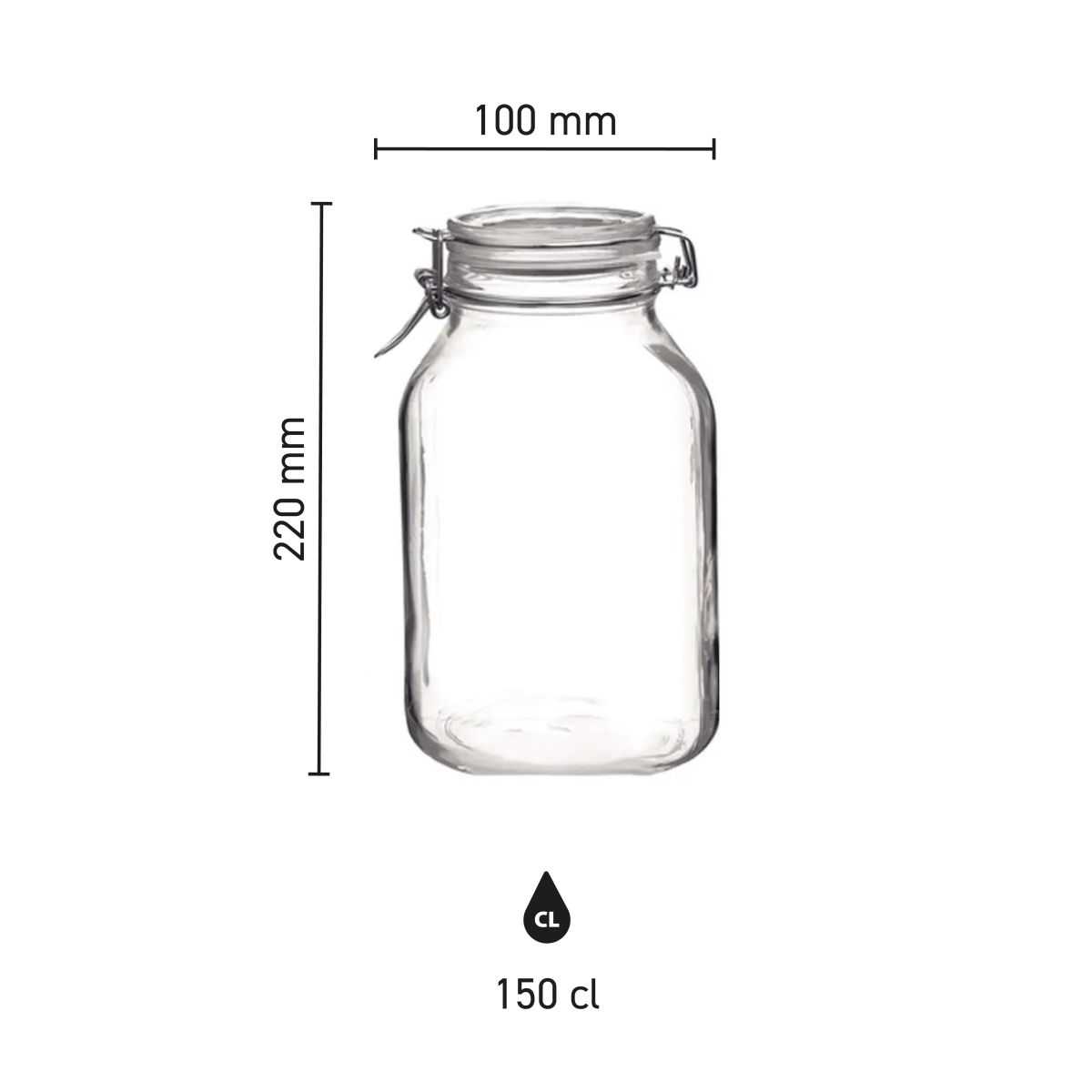 Infographic toont afmetingen van Fido weckpot 1,5 liter vierkant glas met hoogte en breedte.