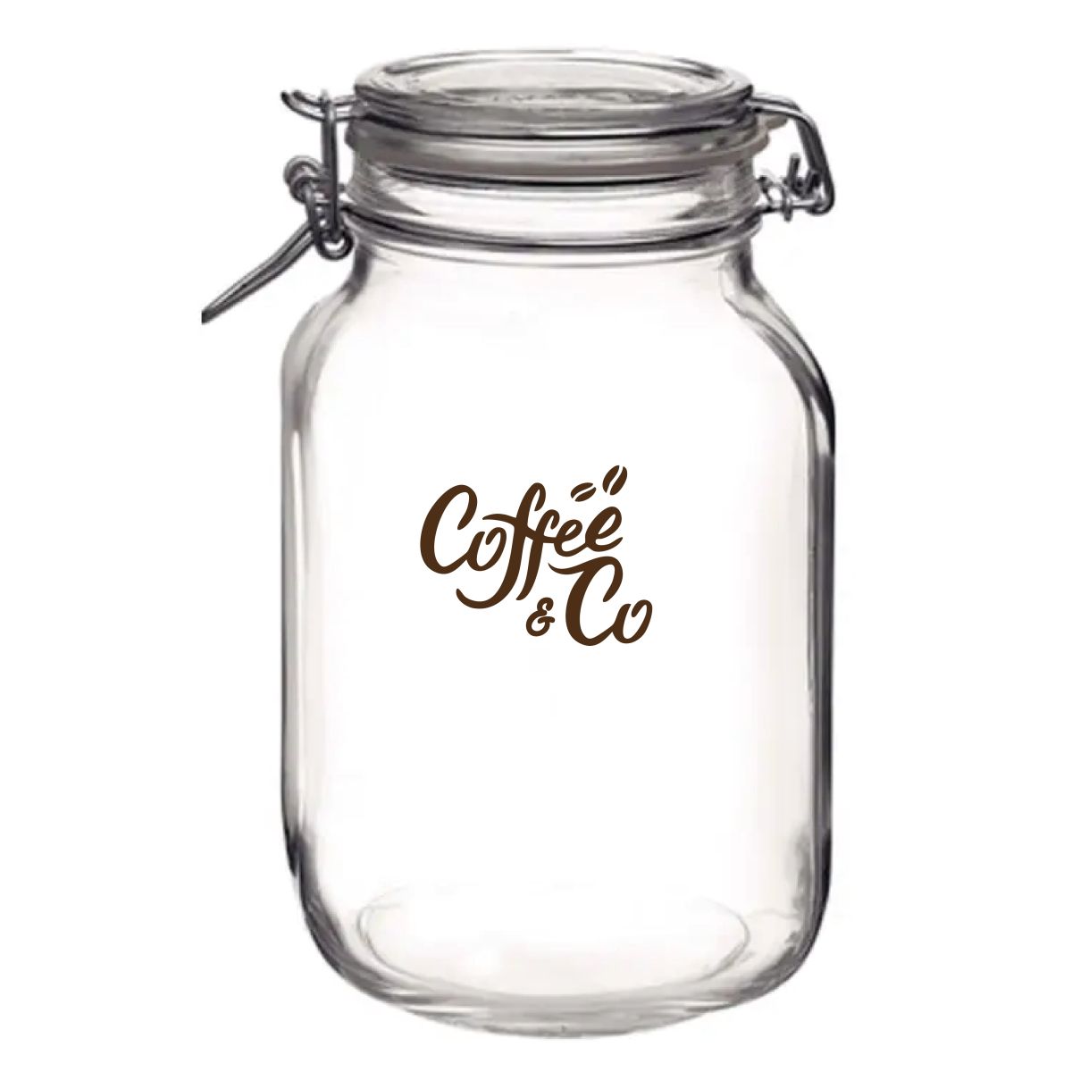 Fido weckpot 2 liter vierkant glas met CoffeeCo-logo in één kleur op het vooraanzicht.