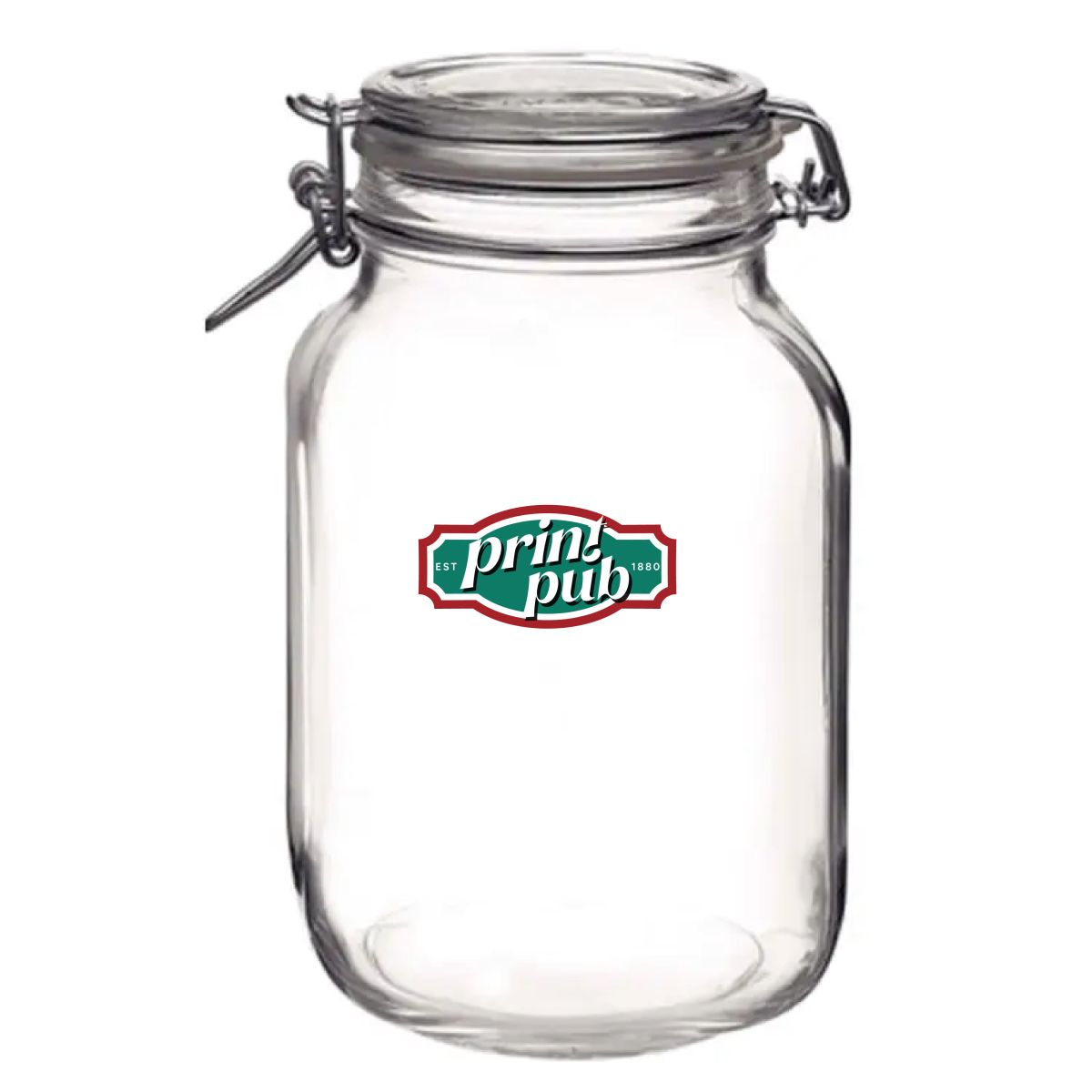 Meerkleurig PrintPub-logo op voorzijde van vierkante glazen Fido weckpot 2 liter.