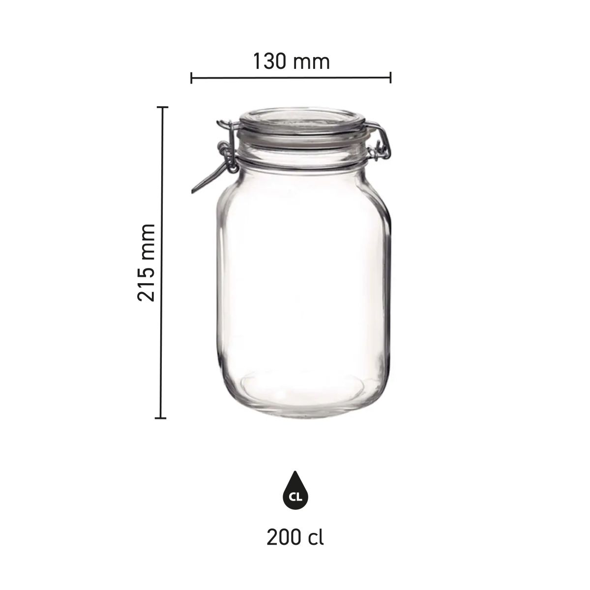 Infographic toont afmetingen van Fido 2 liter vierkante weckpot, inclusief hoogte en breedte.