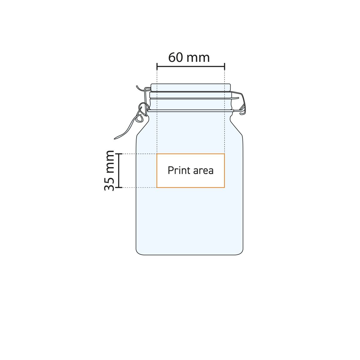 Technische tekening met aanduiding van het drukgebied op de vierkante Weckpot Fido 3 liter.
