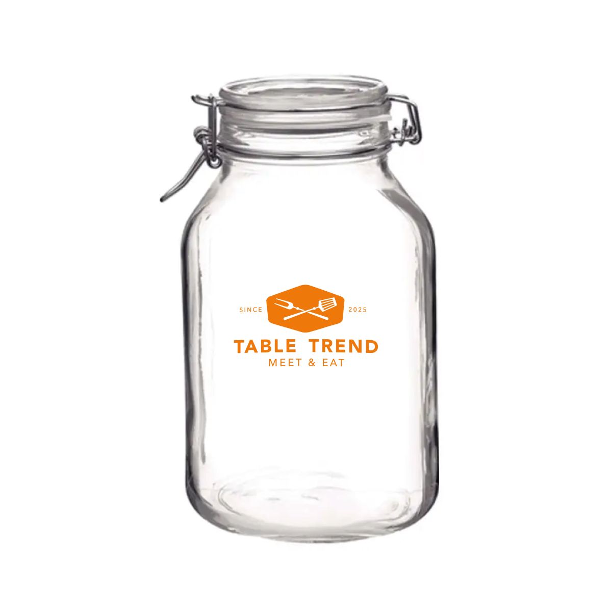 Weckpot Fido 3 liter met enkelkleurig TableTrend-logo op de voorzijde van het vierkante glasoppervlak.
