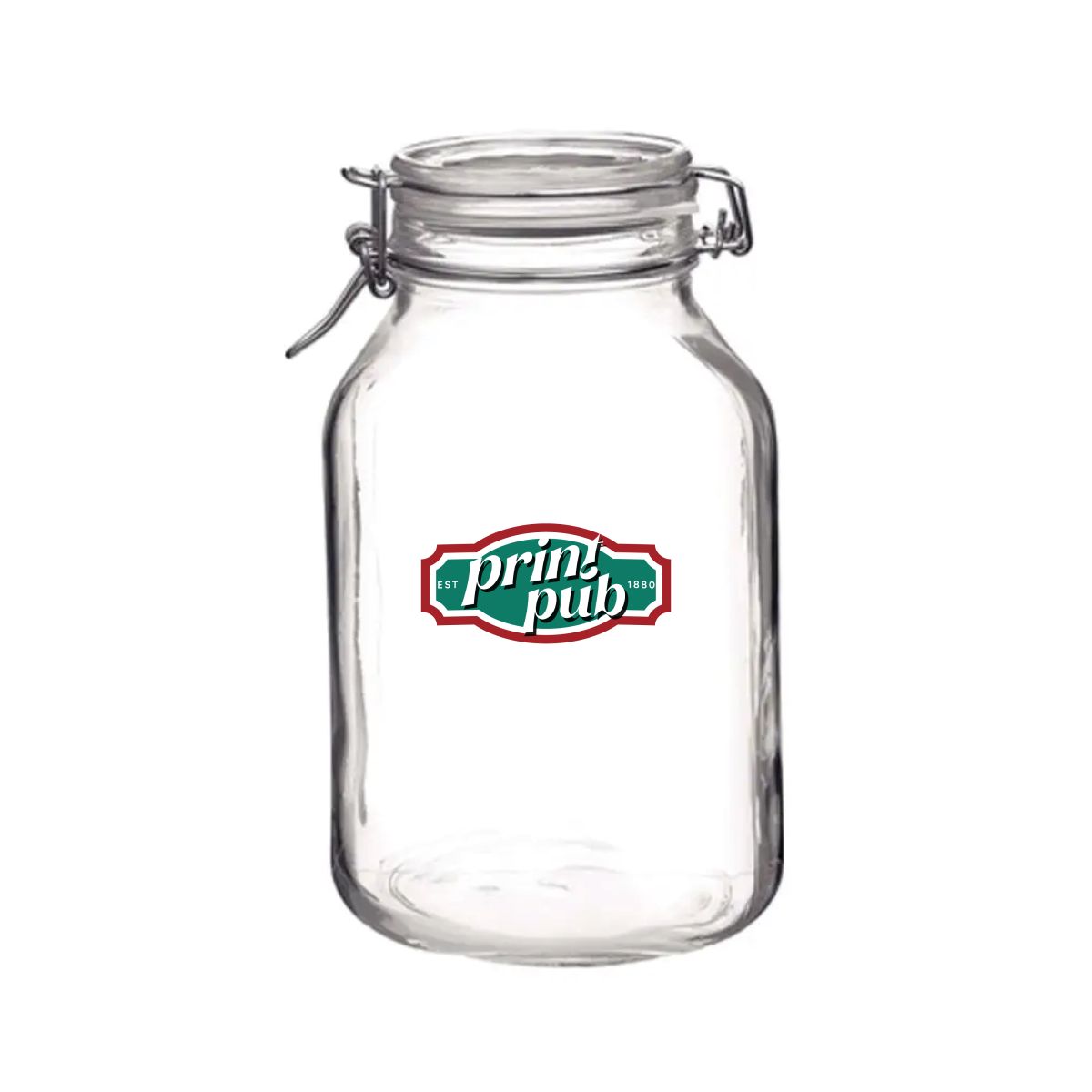 Voorzijde van de vierkante Weckpot Fido 3 liter met meerkleurig PrintPub-logo bedrukt op het glas.