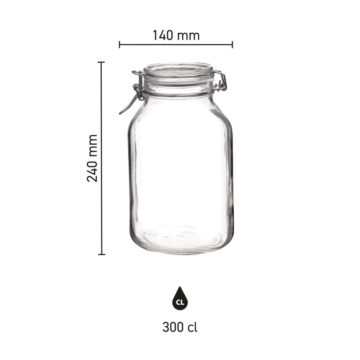 Infographic met maatvoering van de vierkante Weckpot Fido 3 liter, toont hoogte, breedte en volume.