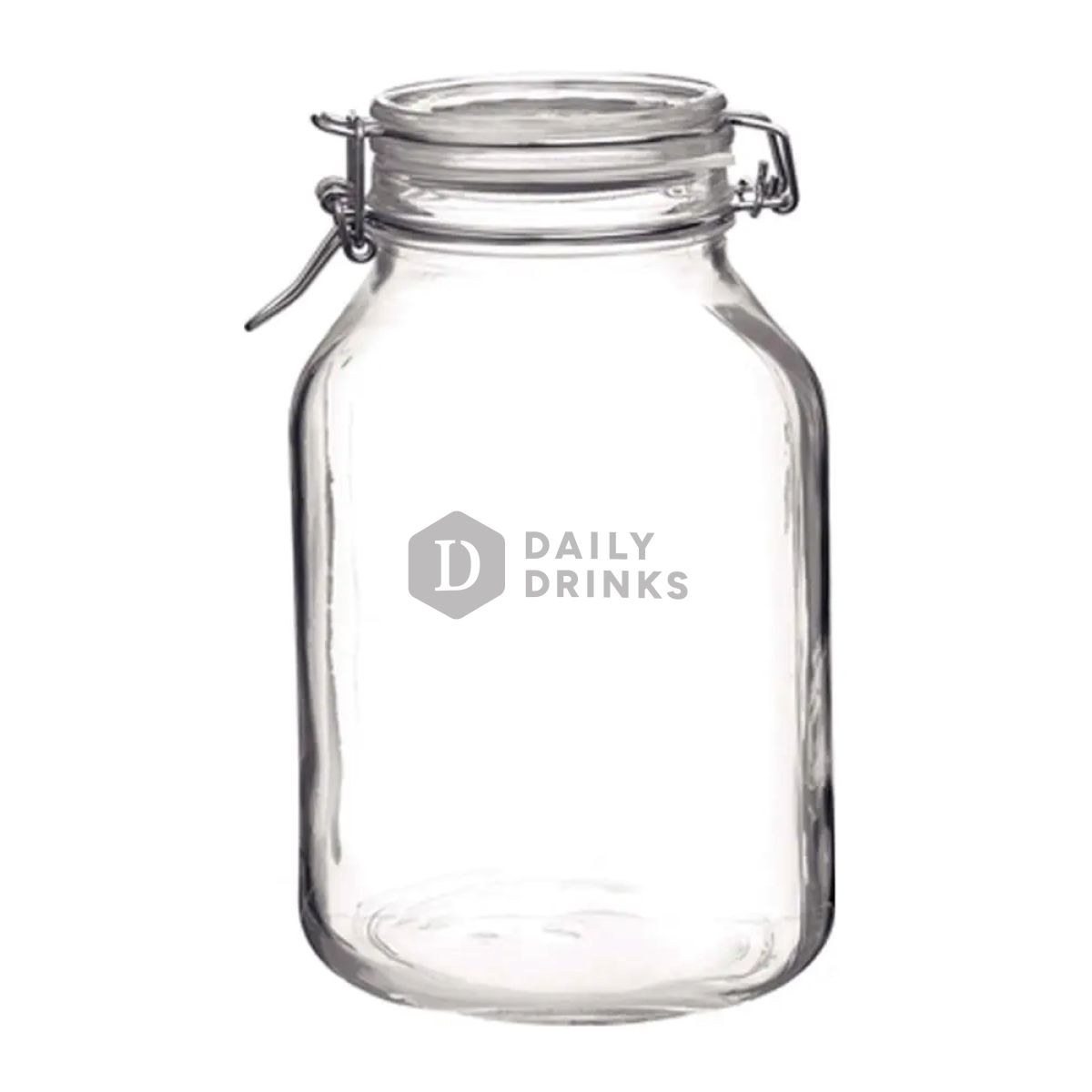 Voorzijde van de ronde Weckpot Fido 4 liter met gegraveerd DailyDrinks-logo subtiel in het glas verwerkt.