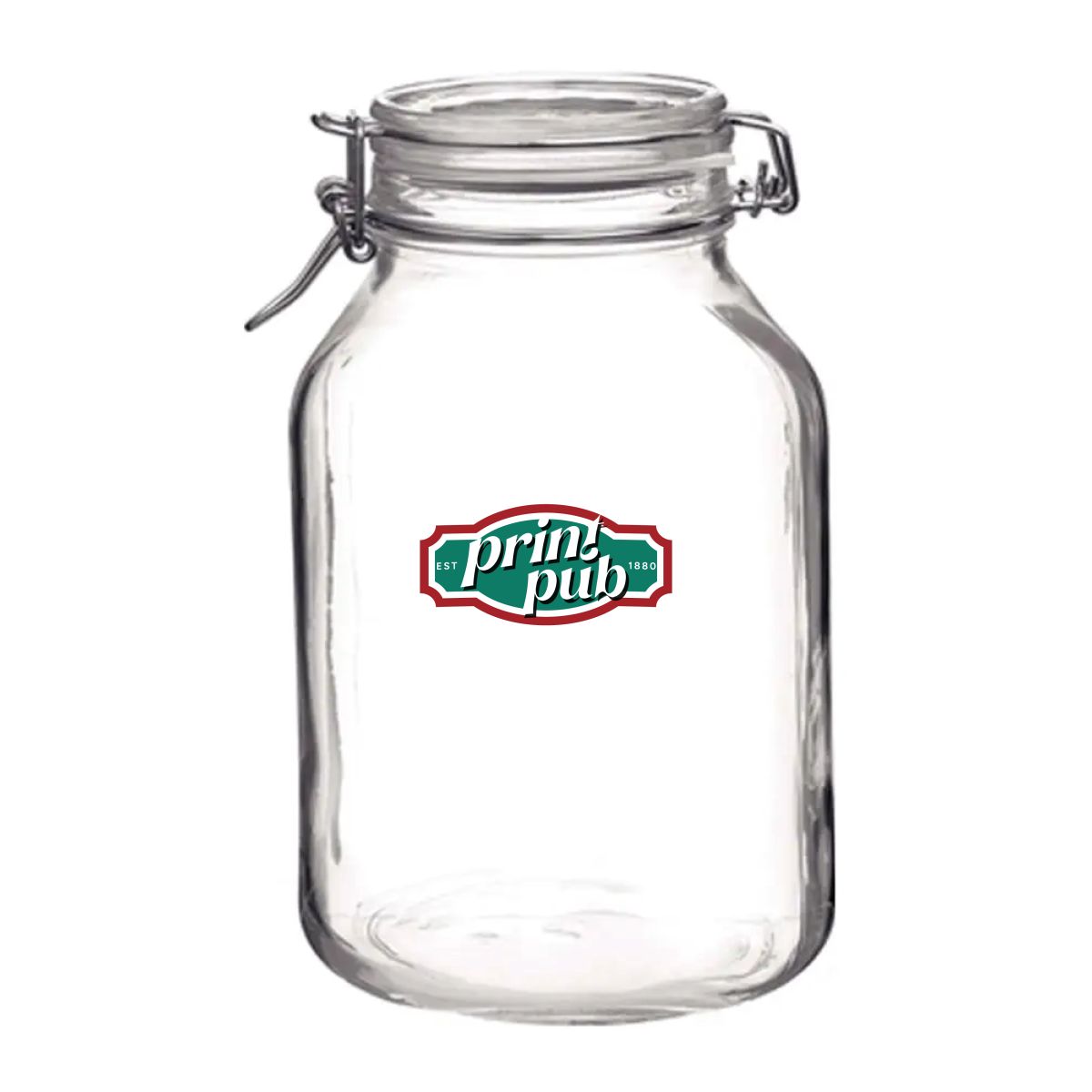 Weckpot Fido 4 liter met meerkleurig PrintPub-logo op het voorvlak van het ronde glazen oppervlak.