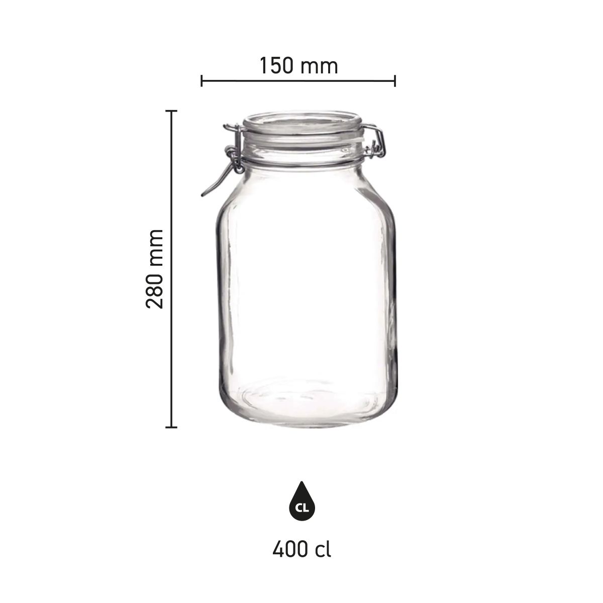 Infographic met hoogte, diameter en inhoud van de Weckpot Fido 4 liter in ronde uitvoering.