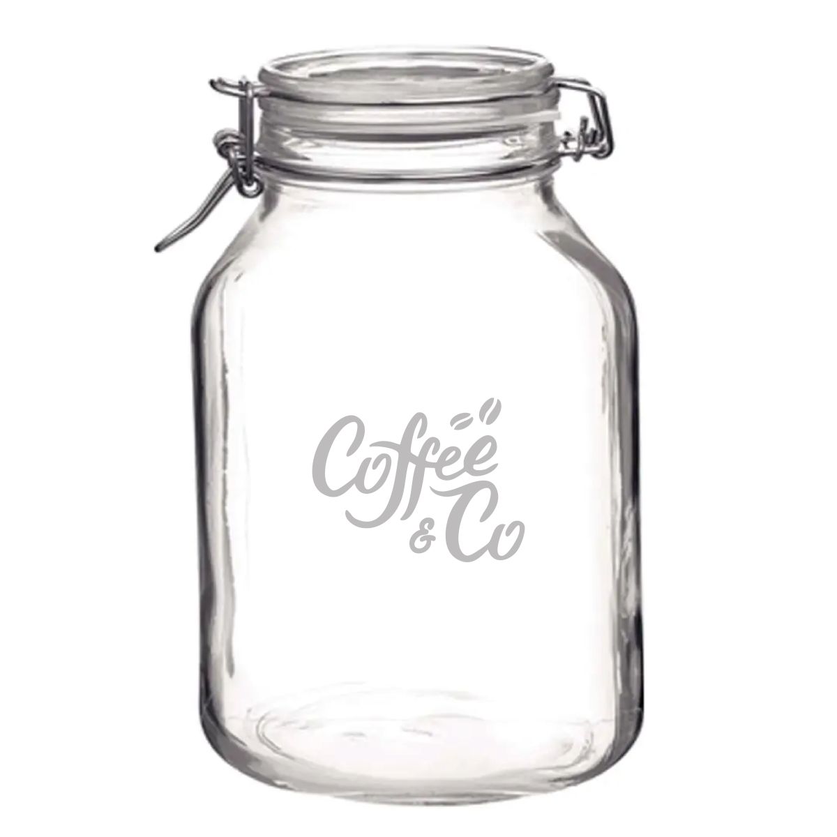 Gegraveerd CoffeeCo-logo op het ronde oppervlak van de Weckpot Fido 5 liter centraal op het glas.