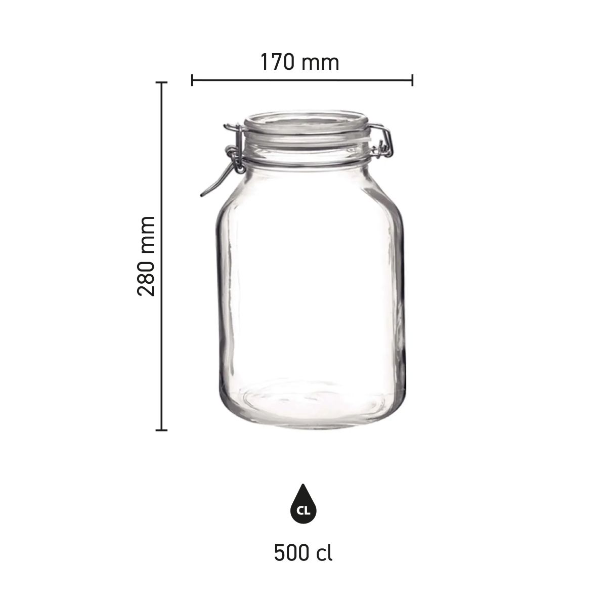 Infographic met hoogte, diameter en inhoud van de ronde Weckpot Fido 5 liter in duidelijke maatverdeling.