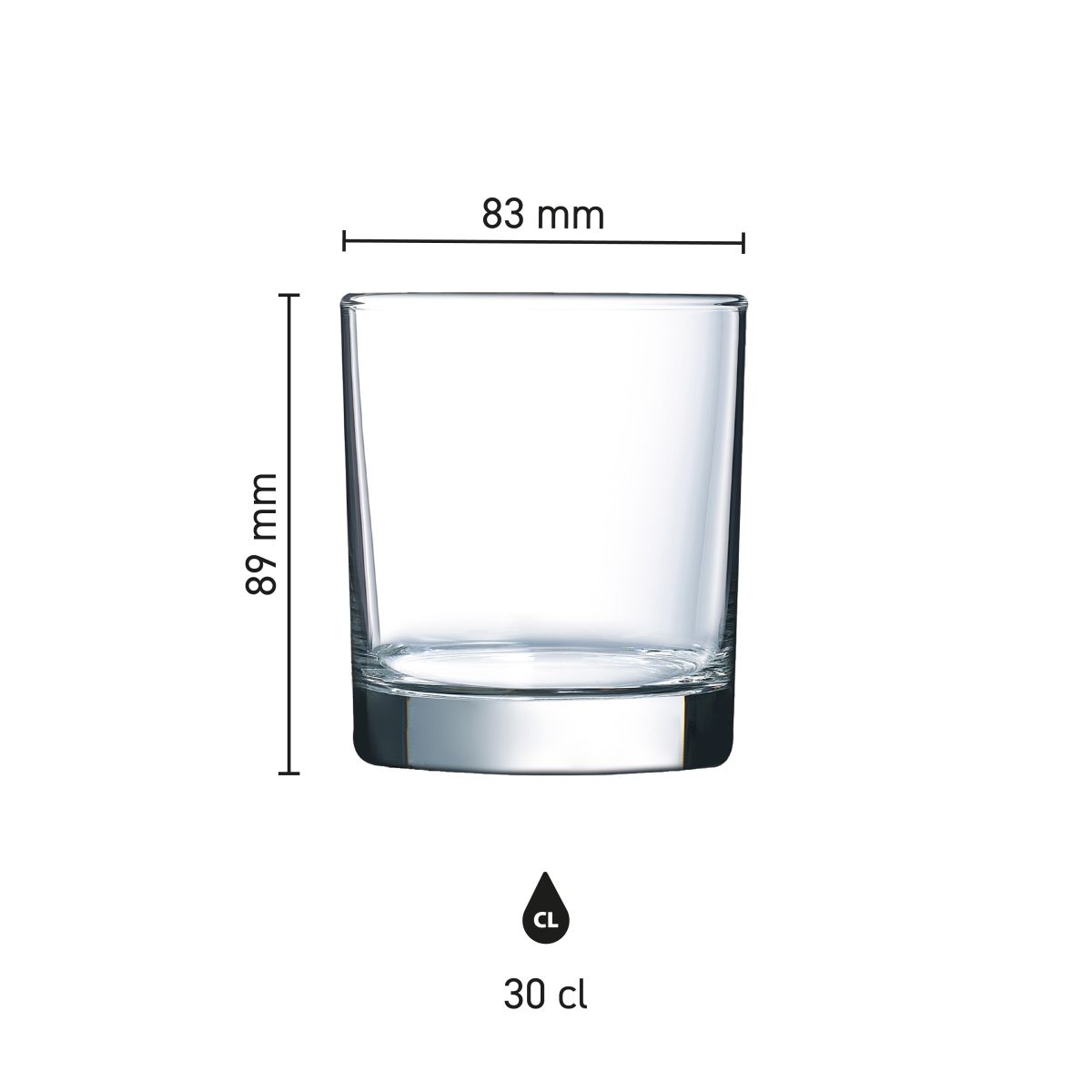 Overzicht van afmetingen whiskyglas 30 cl met grafische weergave van glasvorm en inhoud.