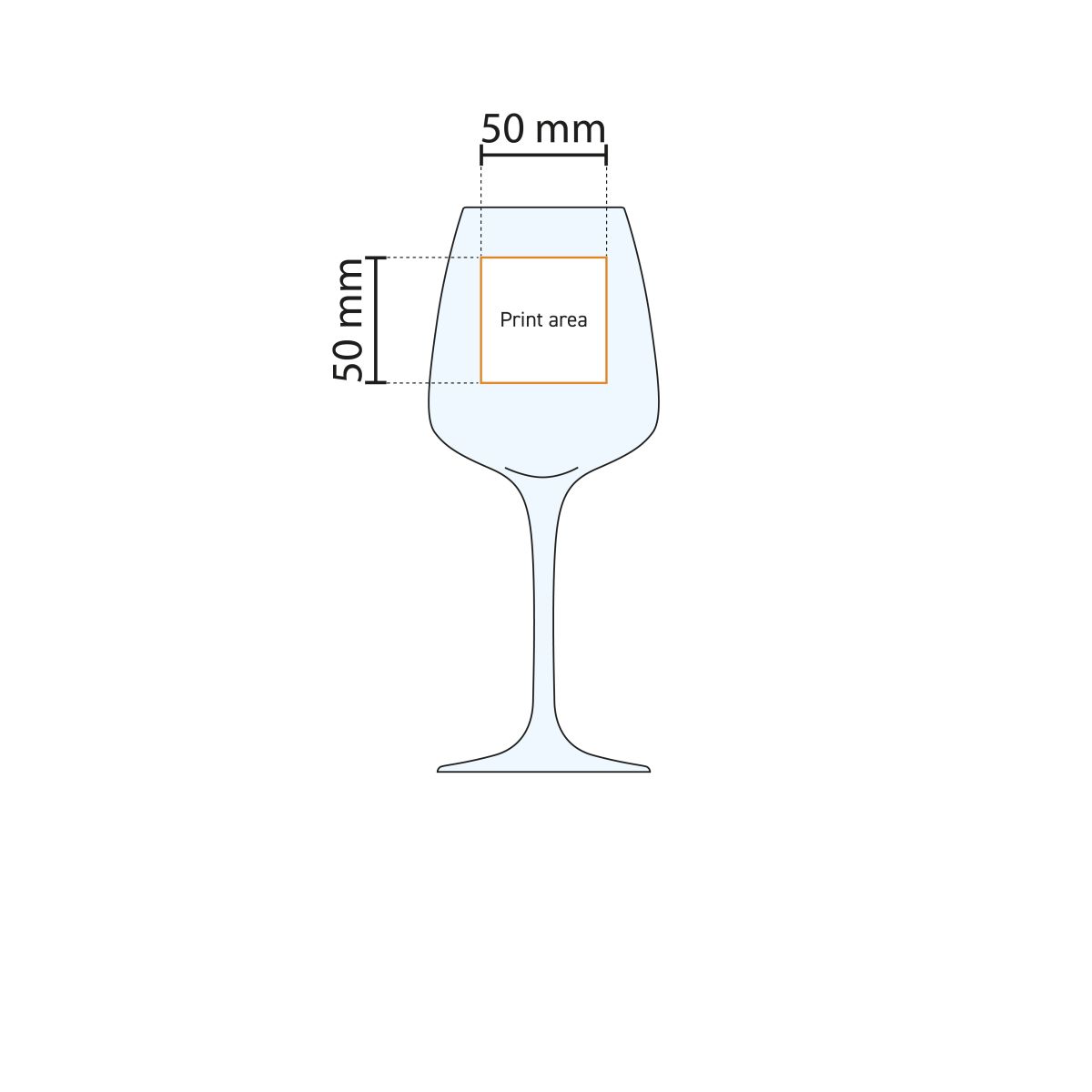 Technische werktekening van het drukgebied op het Aurum wijnglas met exacte logo-positie.