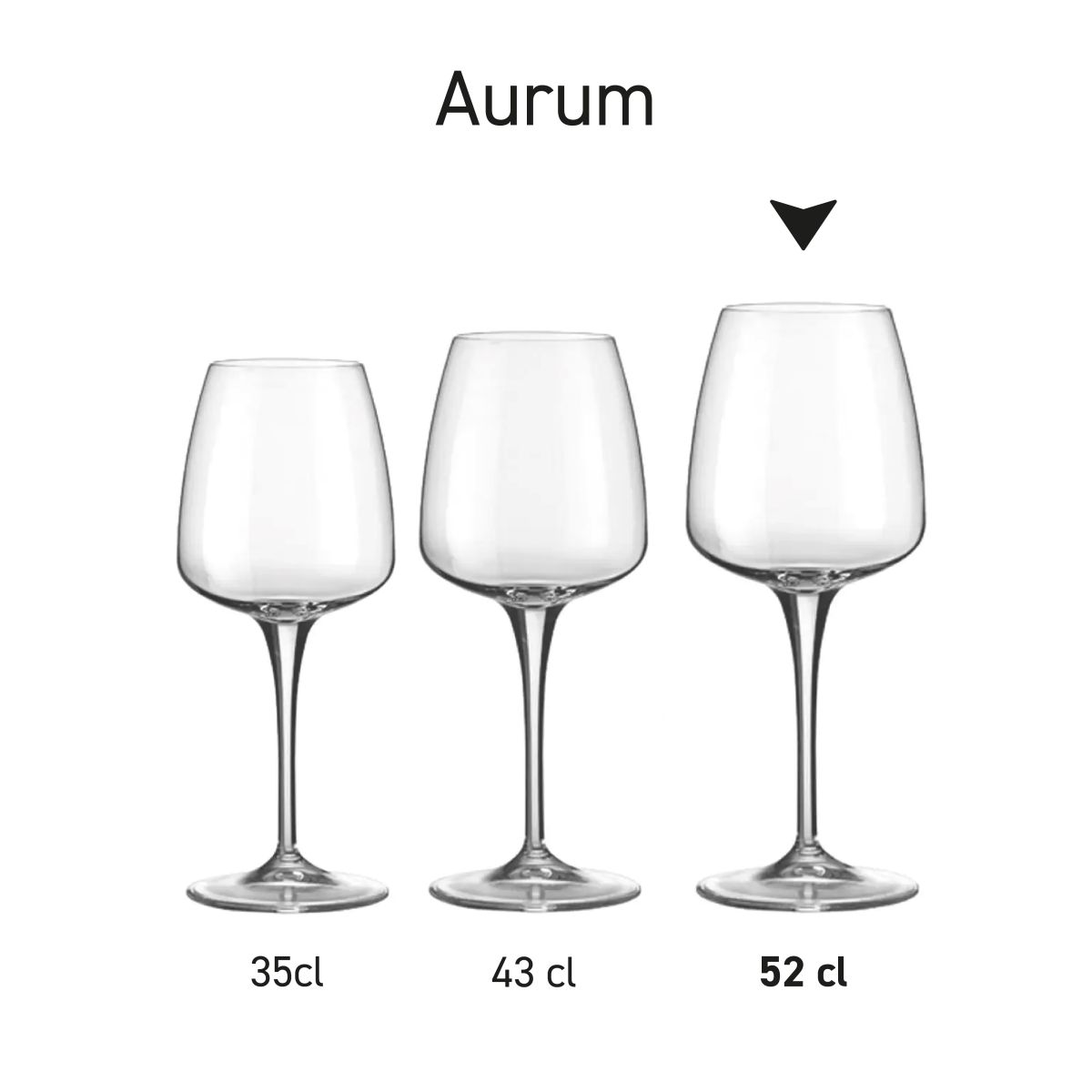 Gedetailleerde infographic met schaal en afmetingen van het Aurum wijnglas 52 cl.